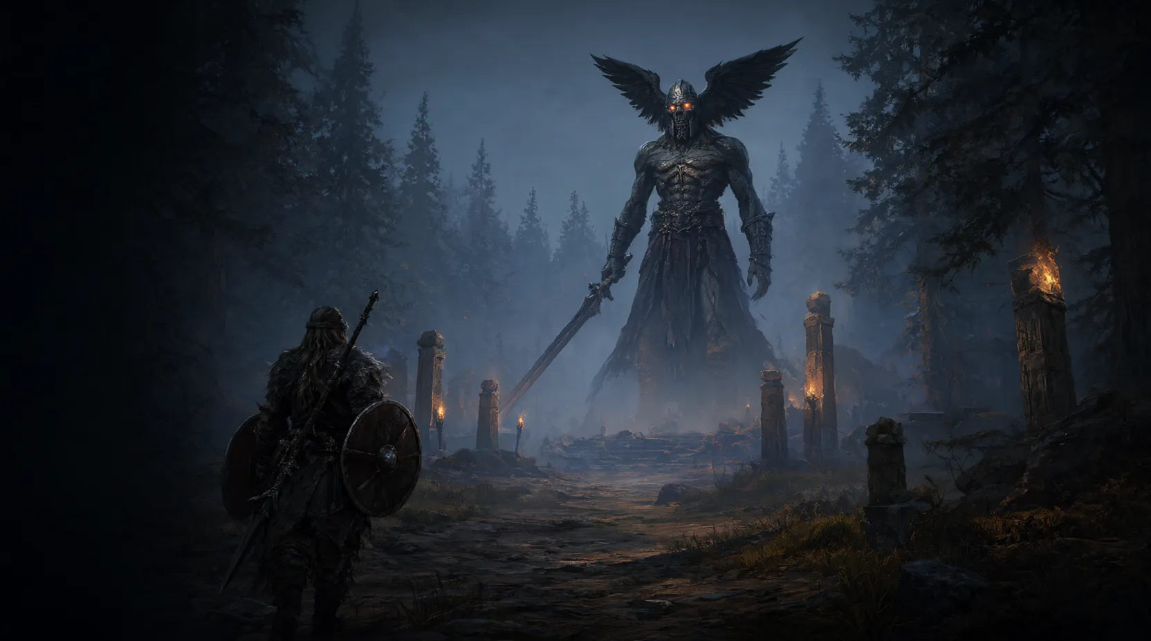 Um guerreiro viking de costas, com escudo e espada, encara um gigante draugr alado entre pilares em chamas numa floresta escura.