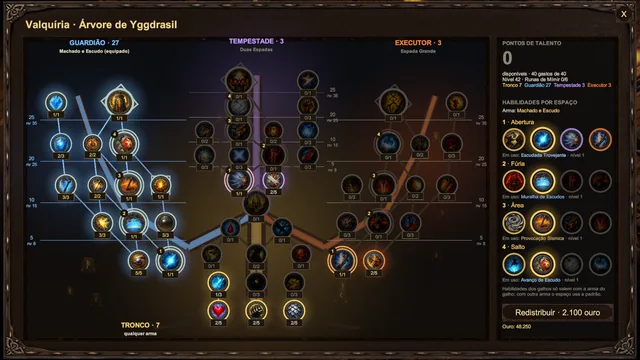 Tela da árvore de talentos com os galhos Guardião, Tempestade e Executor e as habilidades por espaço.