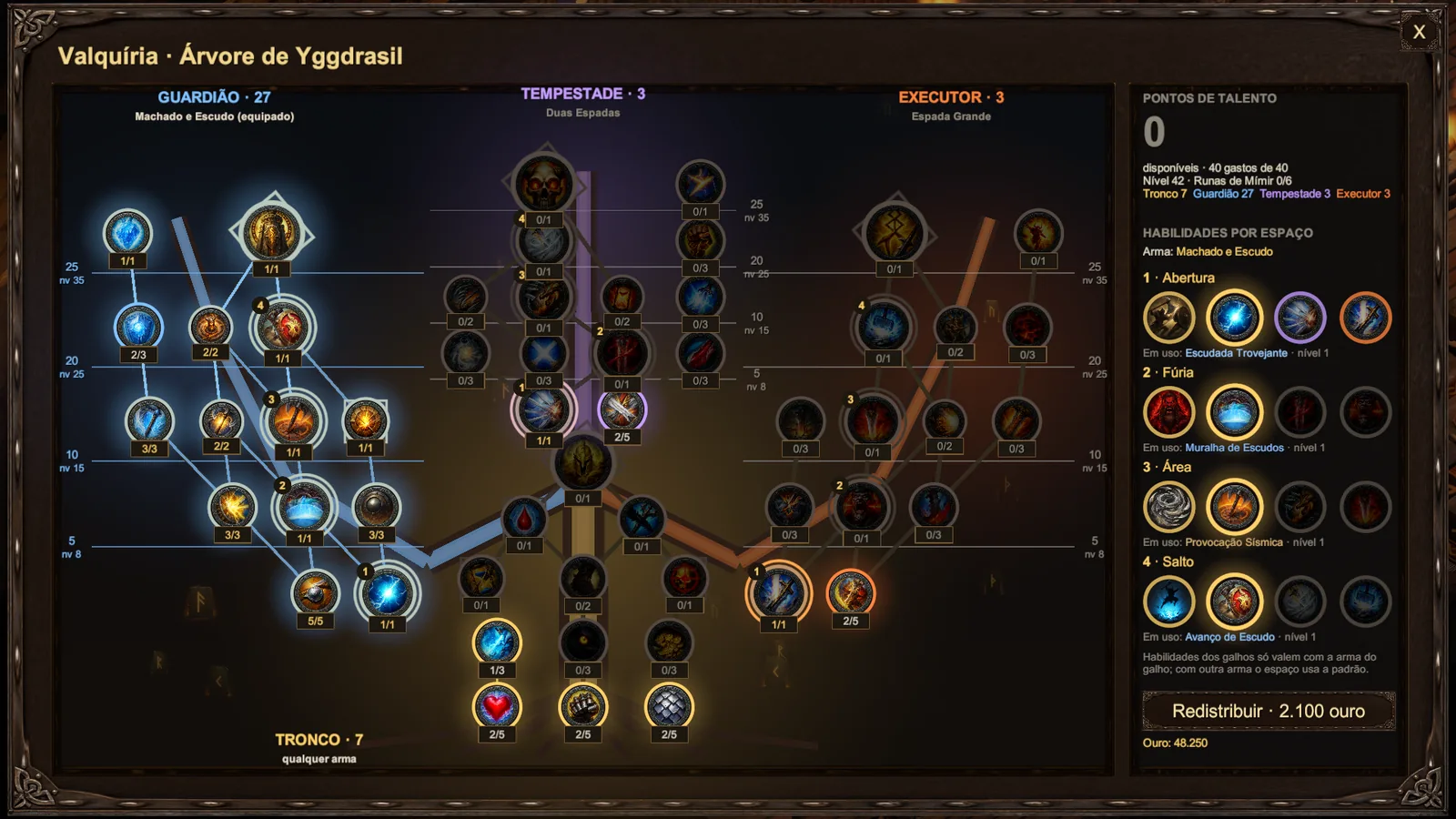 Tela da árvore de talentos: galhos Guardião, Tempestade e Executor sobre o tronco, nós redondos com ícones e, à direita, os pontos e as habilidades por espaço.