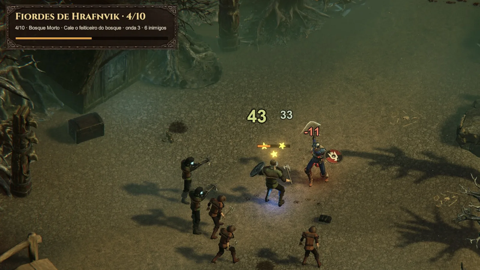 Draugr cercam o guerreiro entre árvores secas e retorcidas no Bosque Morto.