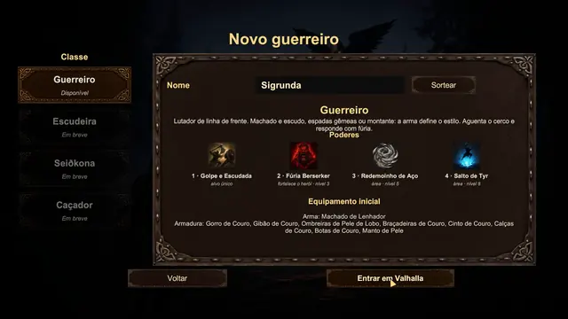 Tela de criação de personagem com a classe Guerreiro, nome, quatro poderes e equipamento inicial.