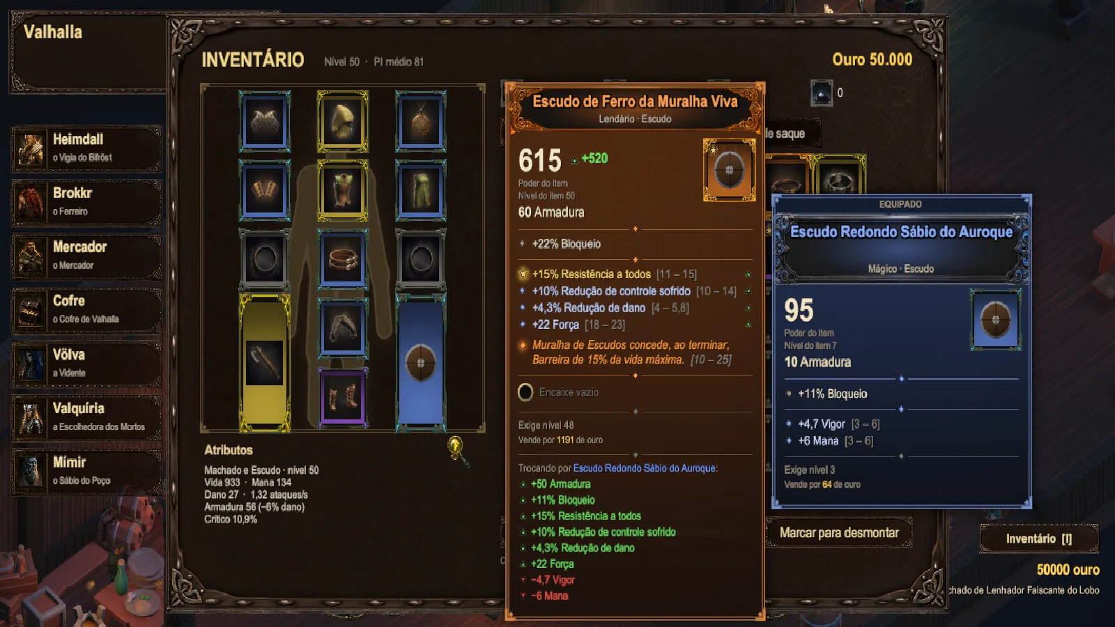Dica de um Escudo de Ferro Lendário com Poder do Item 615, afixos com faixas, um grande afixo, o aspecto em laranja, encaixe vazio e a comparação com o escudo equipado.