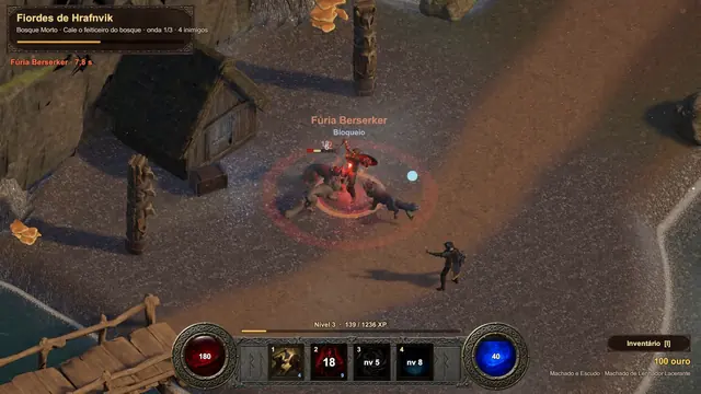 O guerreiro ruge em Fúria Berserker, cercado por um círculo vermelho, no Bosque Morto.
