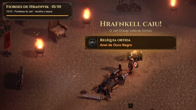 O Jarl Draugr cai derrotado e o aviso “Hrafnkell caiu!” aparece na tela.