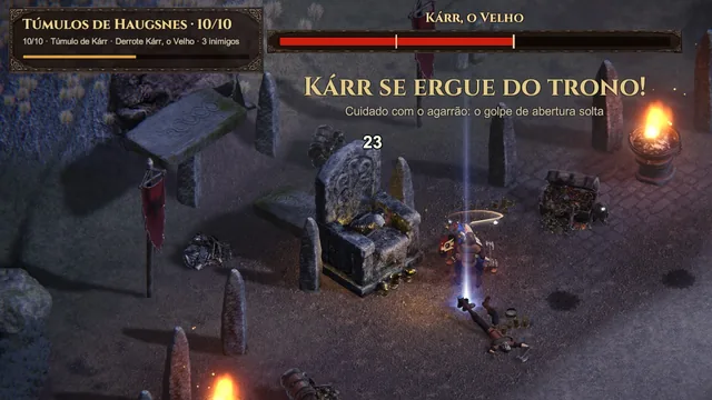 Kárr the Old rises from his stone throne; the warning “Kárr rises from his throne!” appears over the fight, along with the boss life bar.