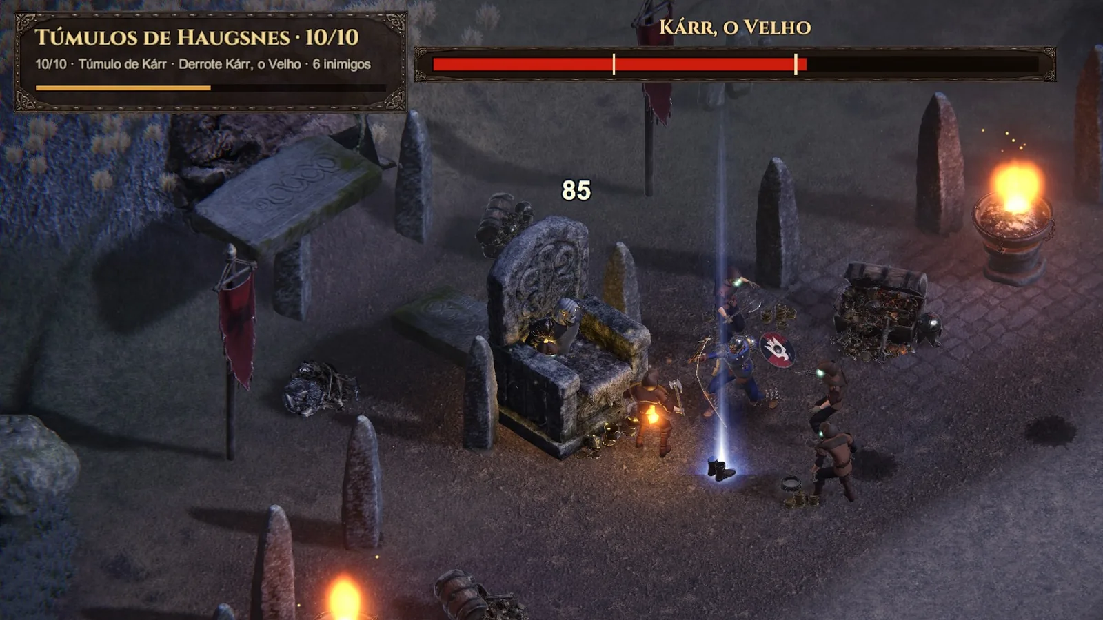 O guerreiro enfrenta draugr diante do trono de pedra de Kárr, o Velho, cercado de menires e braseiros nos Túmulos de Haugsnes.