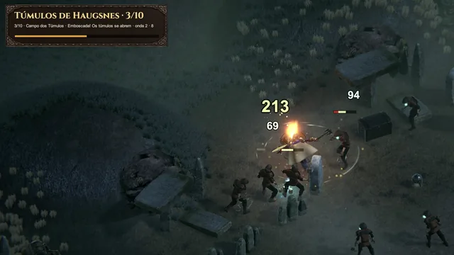 Ambush in the barrow field: draugr burst from their graves and surround the warrior among headstones and dolmens.
