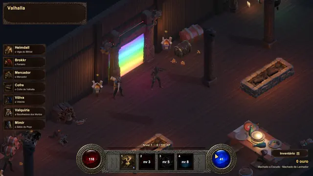 Vista do salão de Valhalla com o portão Bifröst em arco-íris e os NPCs listados ao lado.