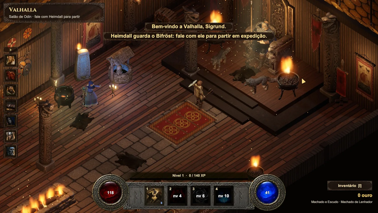 O salão de Valhalla com o portão Bifröst em arco-íris ao fundo e a barra lateral com os NPCs.