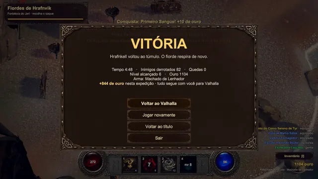 Tela de vitória com tempo, inimigos derrotados, nível alcançado e ouro ganho na expedição.